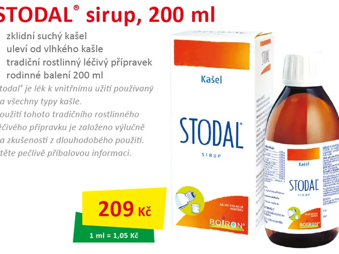Stodal sirup 200 ml s cenou 209Kč.
